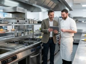 Restaurant owner and head chef reviewing commercial catering equipment in a professional UK kitchen
