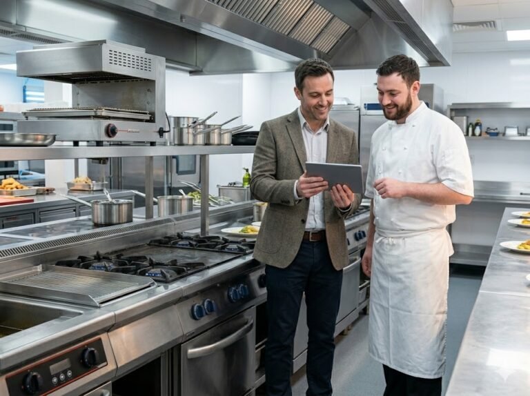 Restaurant owner and head chef reviewing commercial catering equipment in a professional UK kitchen