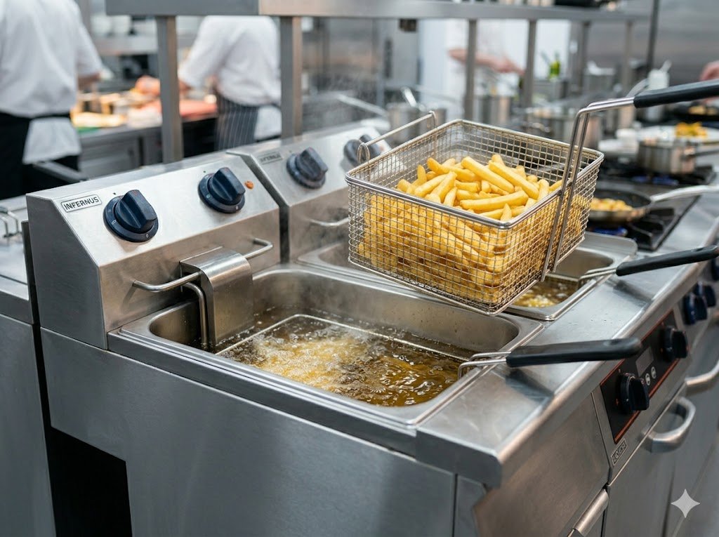 nfernus Gas Fryer actively frying golden chips in a busy commercial kitchen