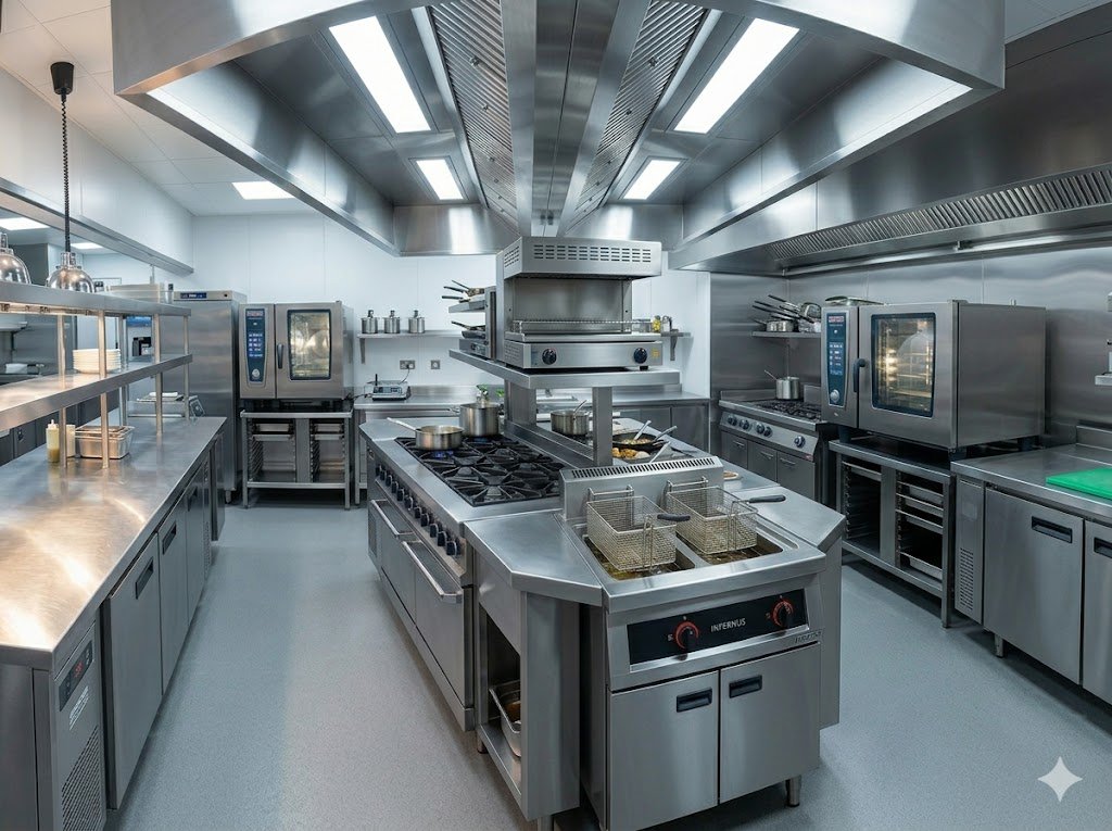 Fully equipped premium commercial kitchen showcasing industrial range cookers and catering equipment in the UK.