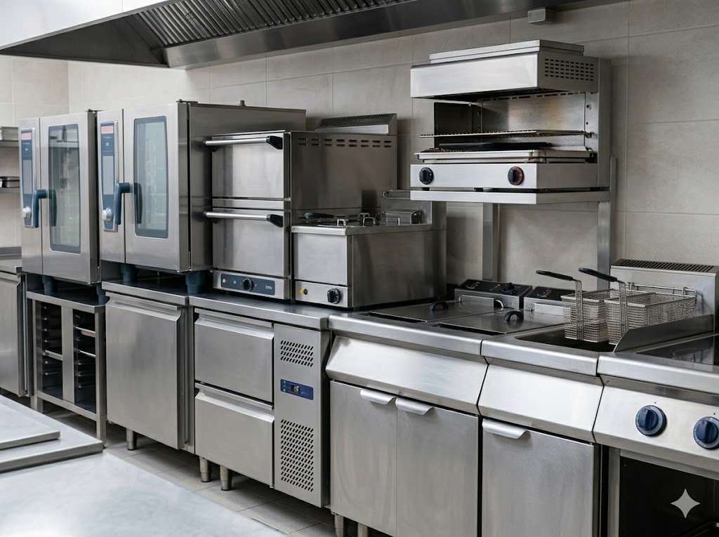 Professional catering equipment lineup including ovens, cookers